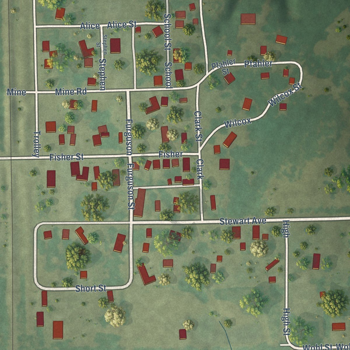 Close-up of the map of Sawyerville, Illinois print showing street and building detail