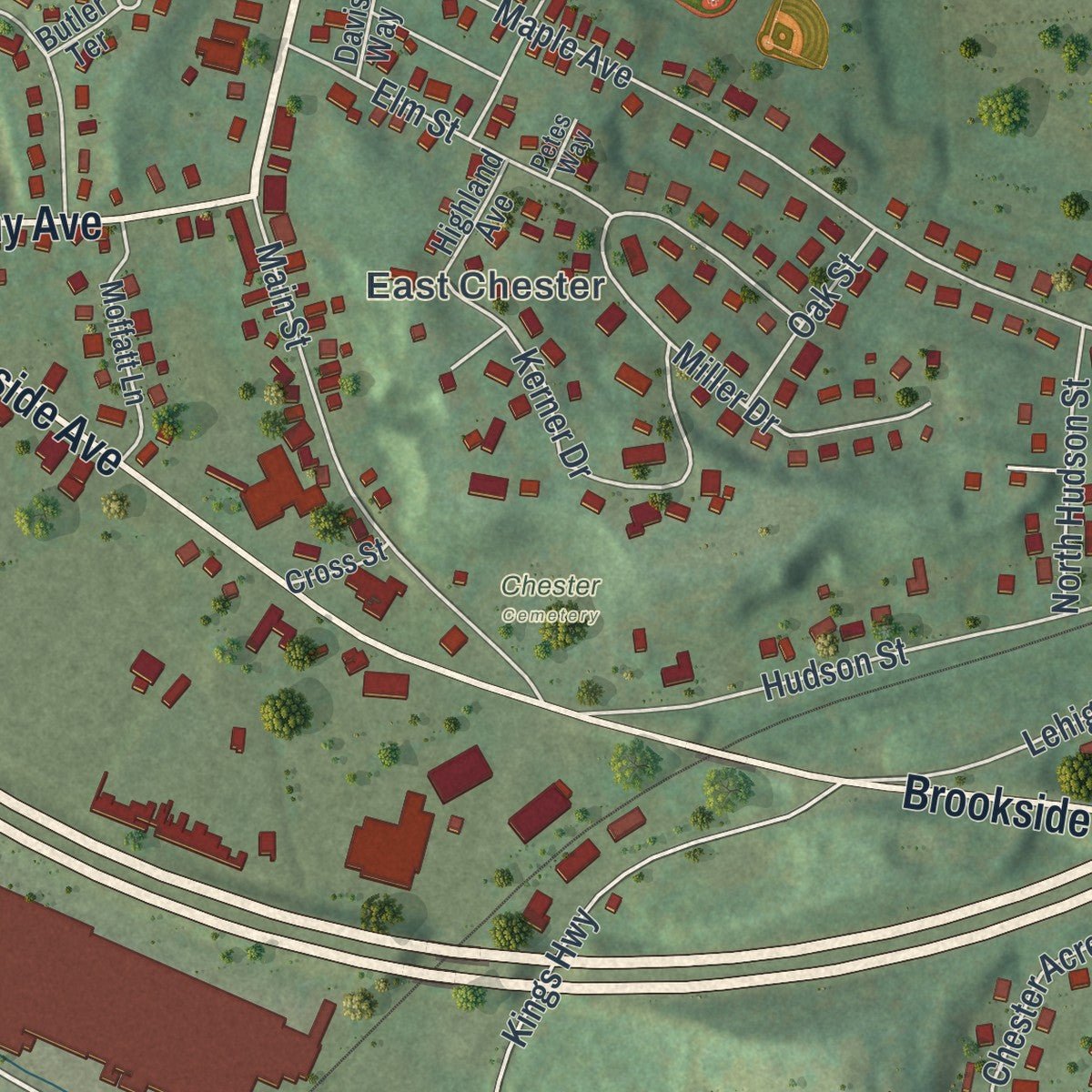 Close-up of the map of Chester, New York print showing street and building detail