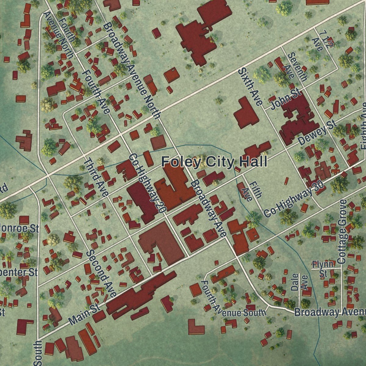 Close-up of the map of Foley, Minnesota print showing street and building detail