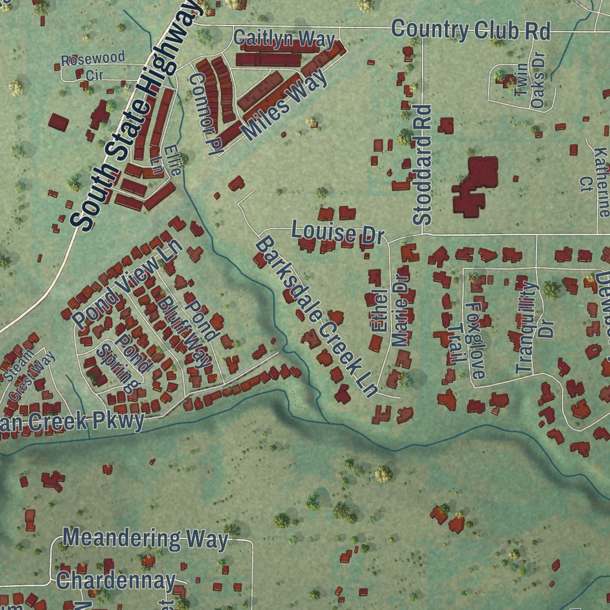 Close-up of the map of Fairview, Texas print showing street and building detail
