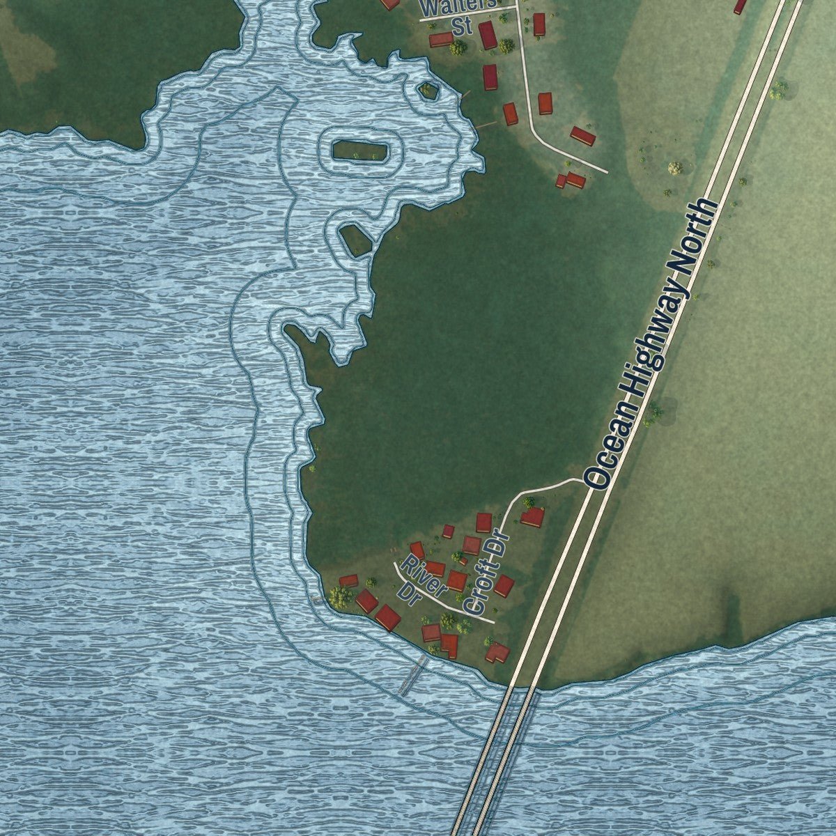 Close-up of the map of Winfall, North Carolina print showing street and building detail