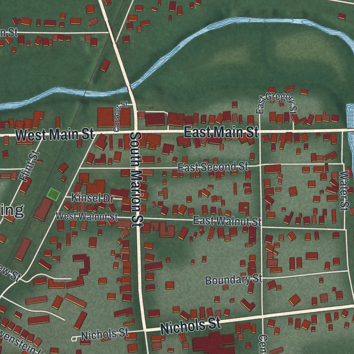 Close-up of the map of Cardington, Ohio print showing street and building detail