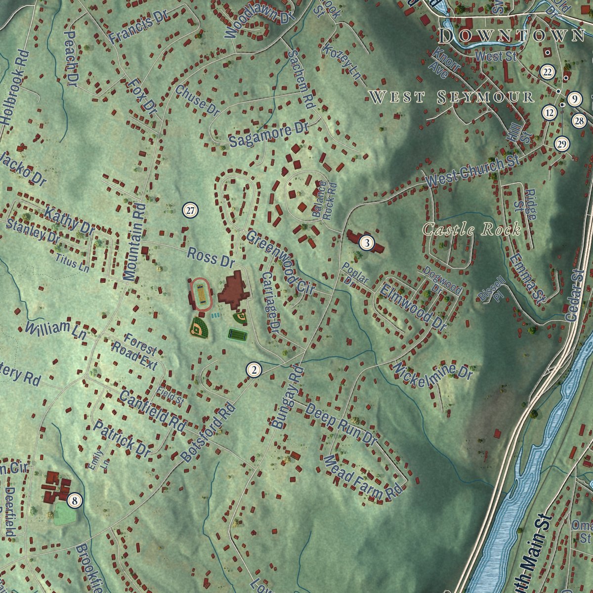 Close-up of the map of Seymour, Connecticut print showing street and building detail