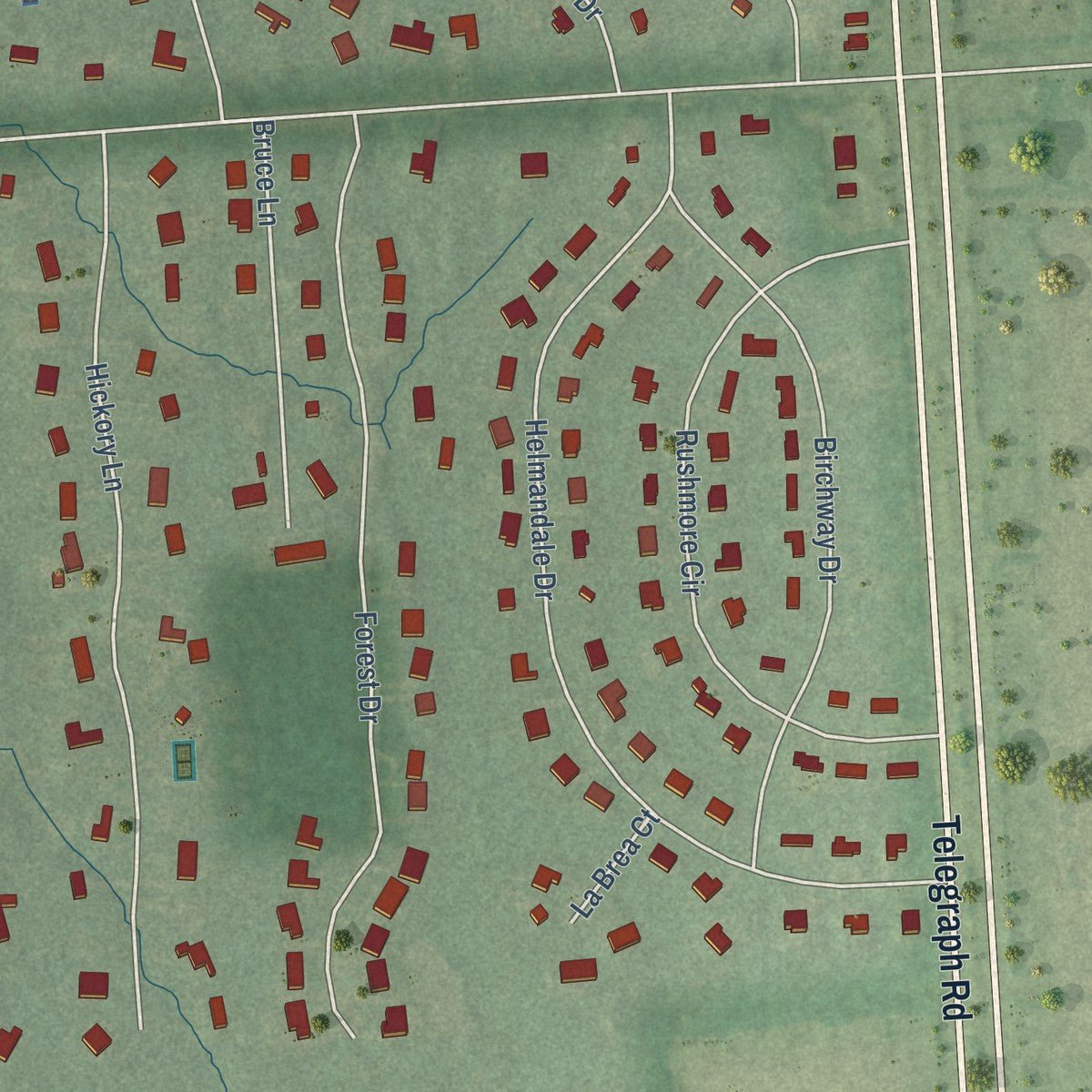 Close-up of the map of Franklin, Oakland County, Michigan print showing street and building detail