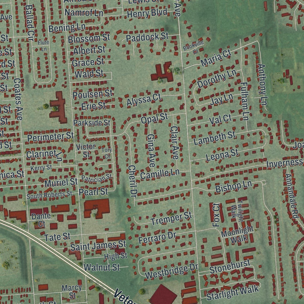 Close-up of the map of Holbrook, New York print showing street and building detail