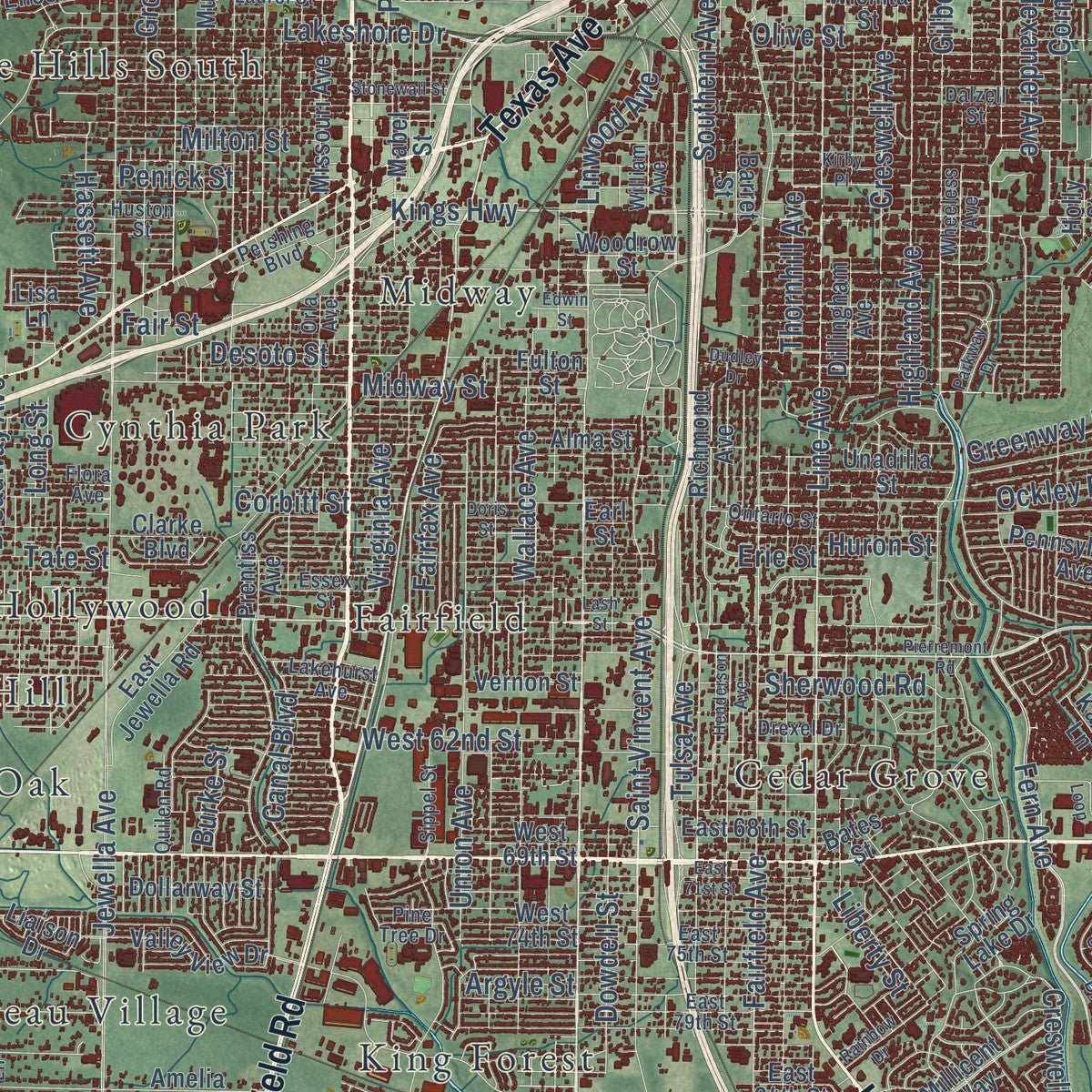 Close-up of the map of Shreveport, Louisiana print showing street and building detail