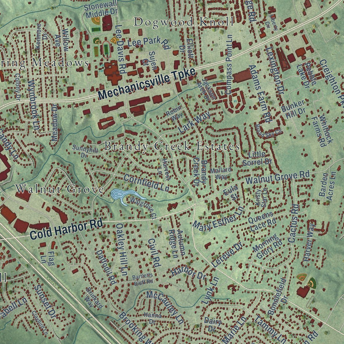 Close-up of the map of Mechanicsville, Virginia print showing street and building detail