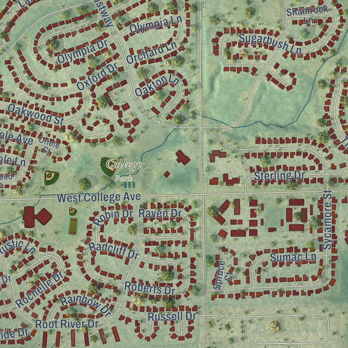 Close-up of the map of Greendale, Wisconsin print showing street and building detail