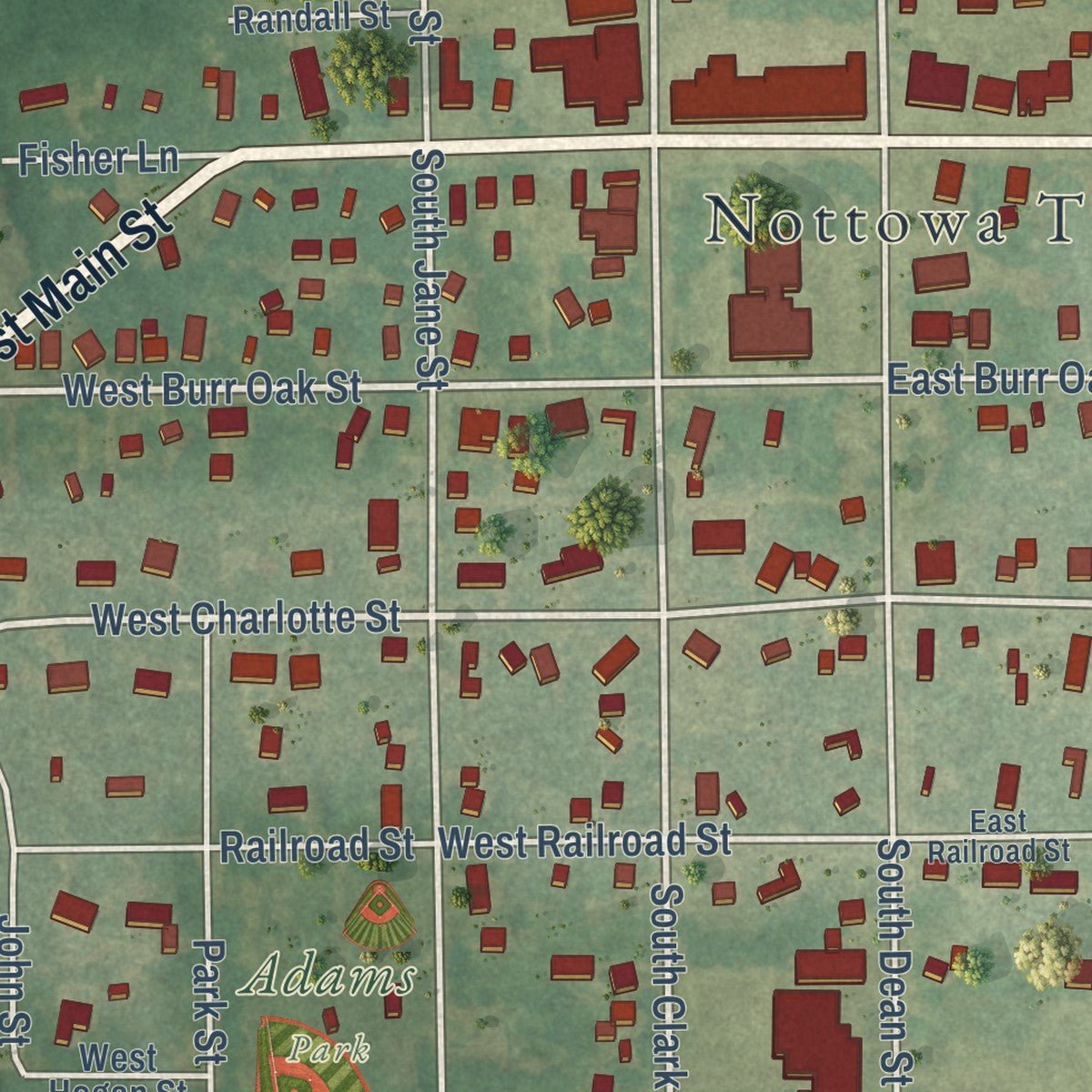 Close-up of the map of Centreville, Michigan print showing street and building detail