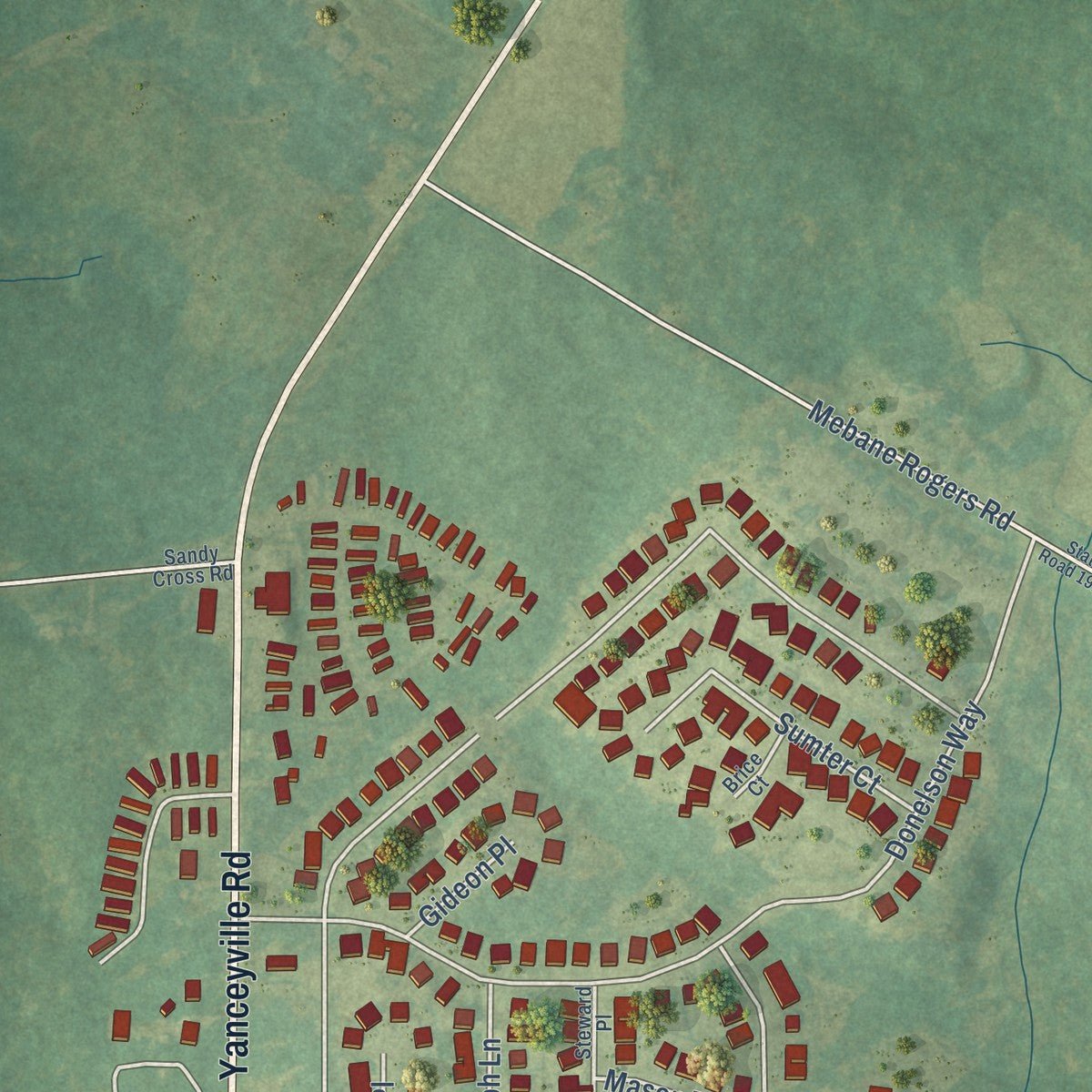 Close-up of the map of Green Level, North Carolina print showing street and building detail