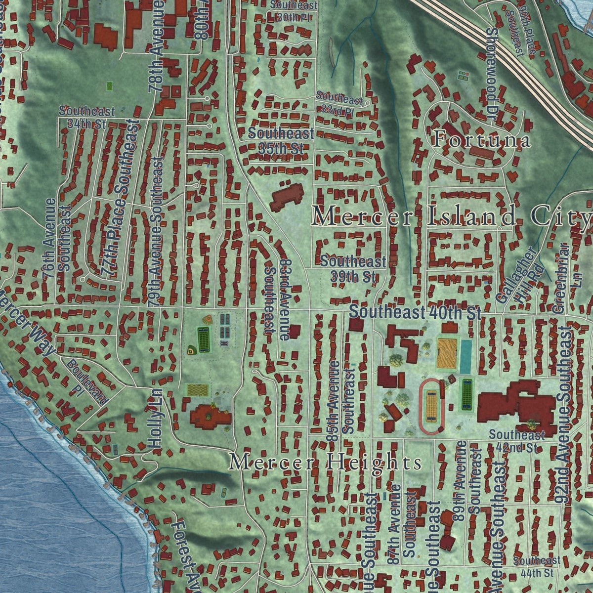 Close-up of the map of Mercer Island, Washington print showing street and building detail