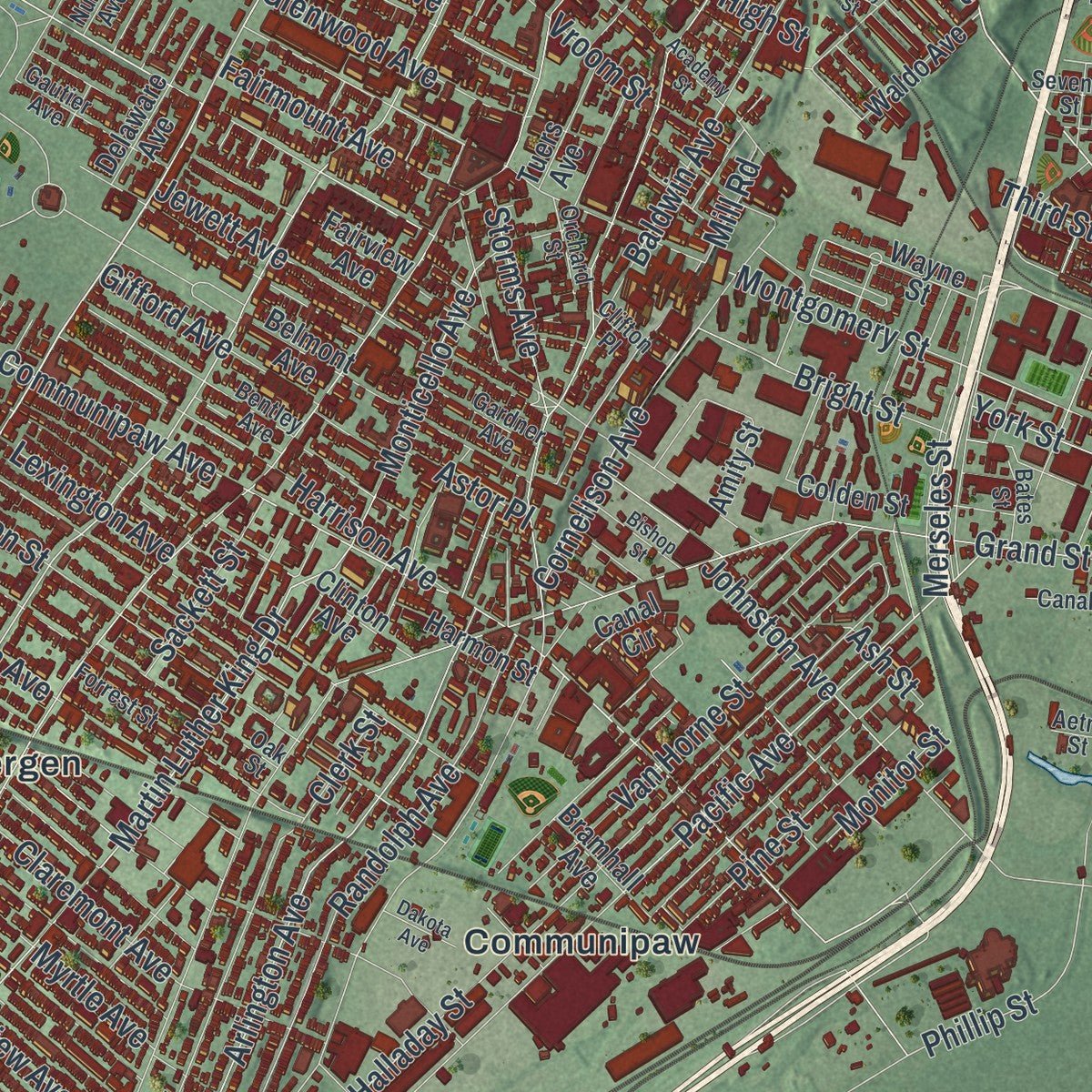 Close-up of the map of Jersey City, New Jersey print showing street and building detail