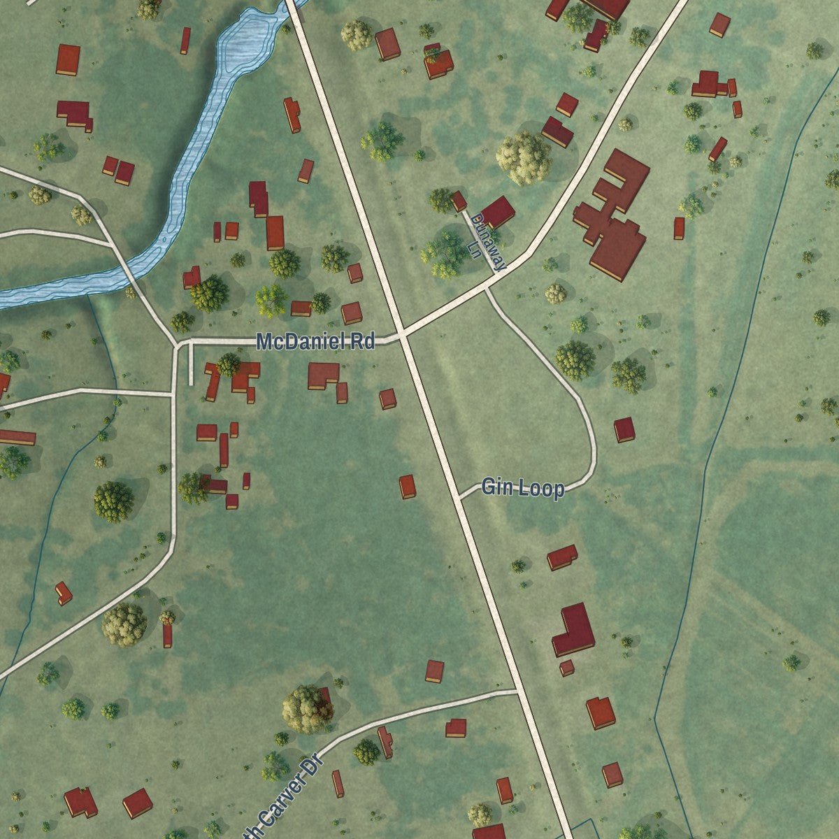 Close-up of the map of Baskin, Louisiana print showing street and building detail
