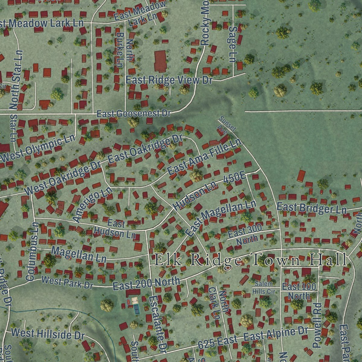 Close-up of the map of Elk Ridge, Utah print showing street and building detail