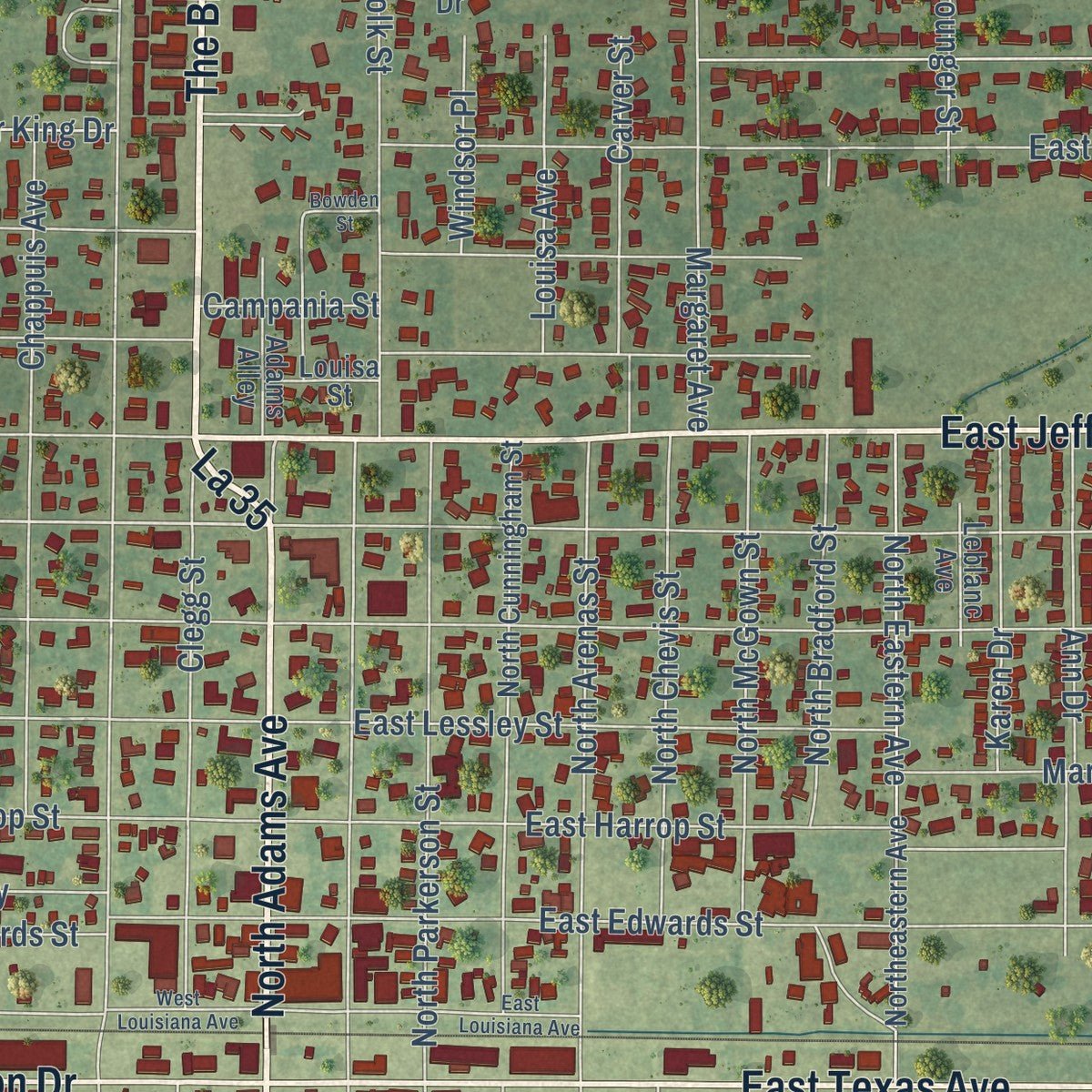 Close-up of the map of Rayne, Louisiana print showing street and building detail