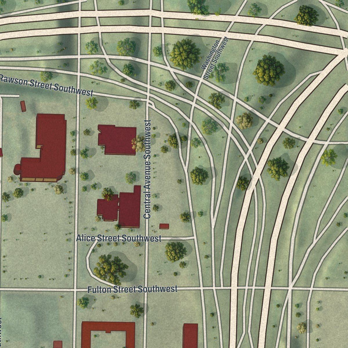Close-up of the map of Mechanicsville, Georgia print showing street and building detail