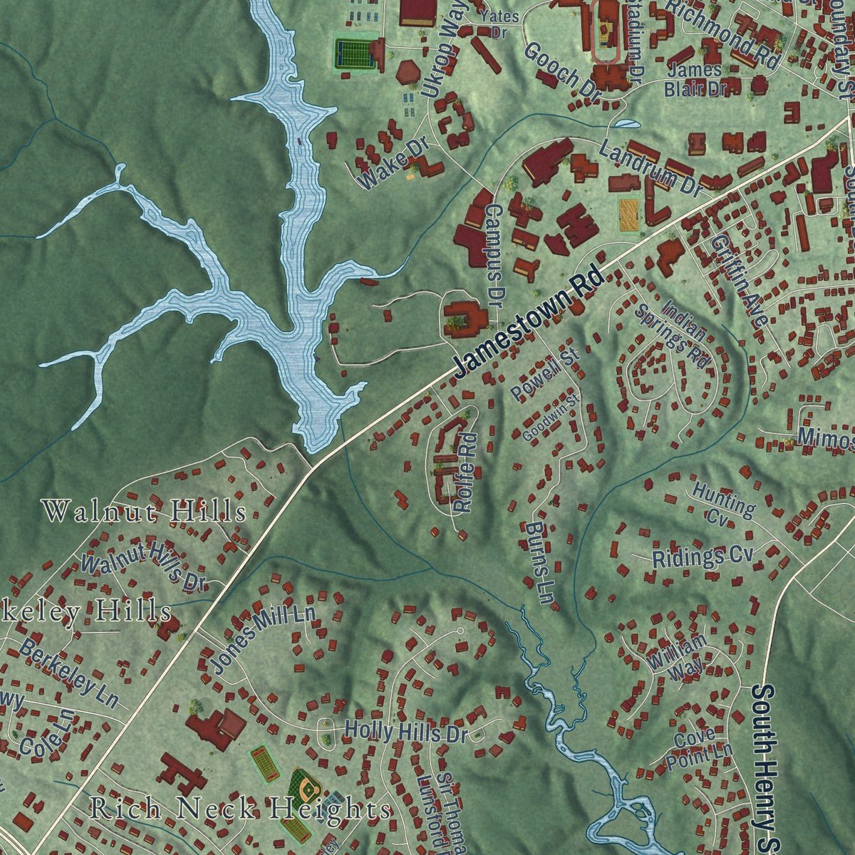 Close-up of the map of Williamsburg, Virginia print showing street and building detail