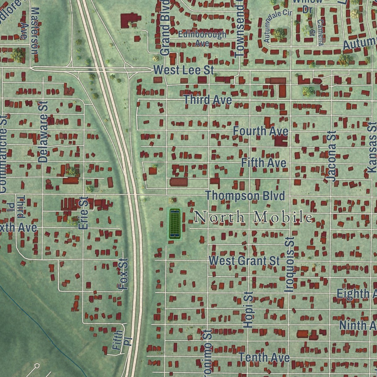 Close-up of the map of Chickasaw, Alabama print showing street and building detail