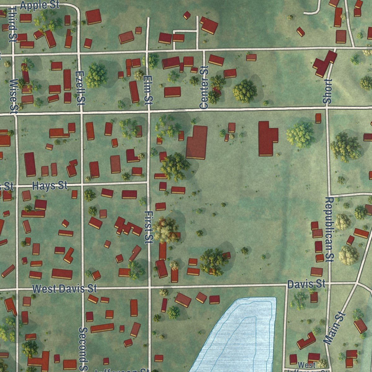 Close-up of the map of Keyesport, Illinois print showing street and building detail