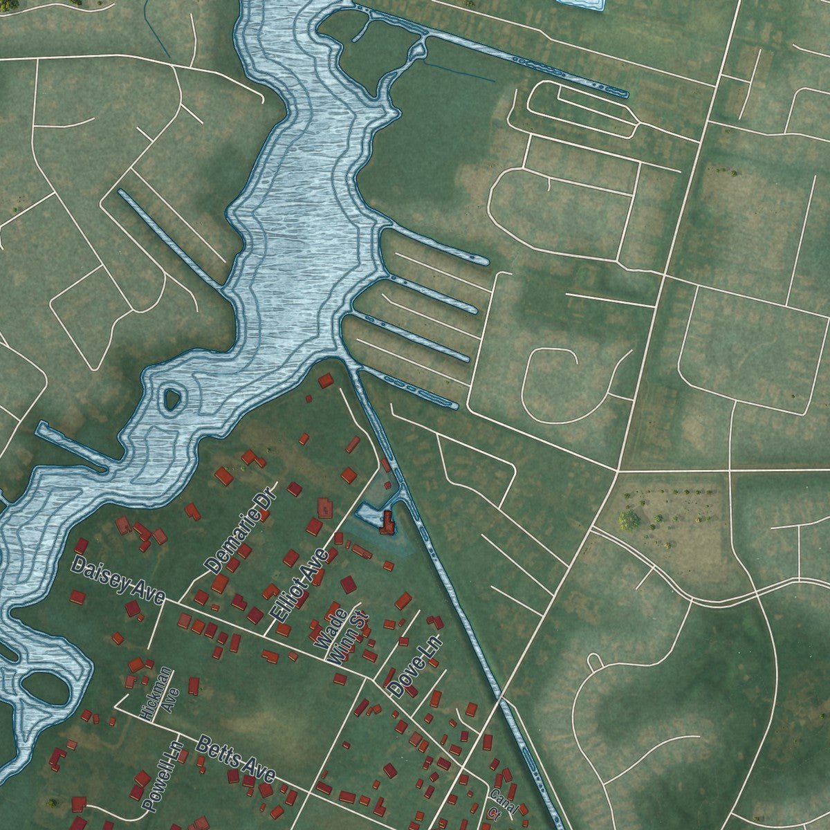 Close-up of the map of Ocean View, Delaware print showing street and building detail
