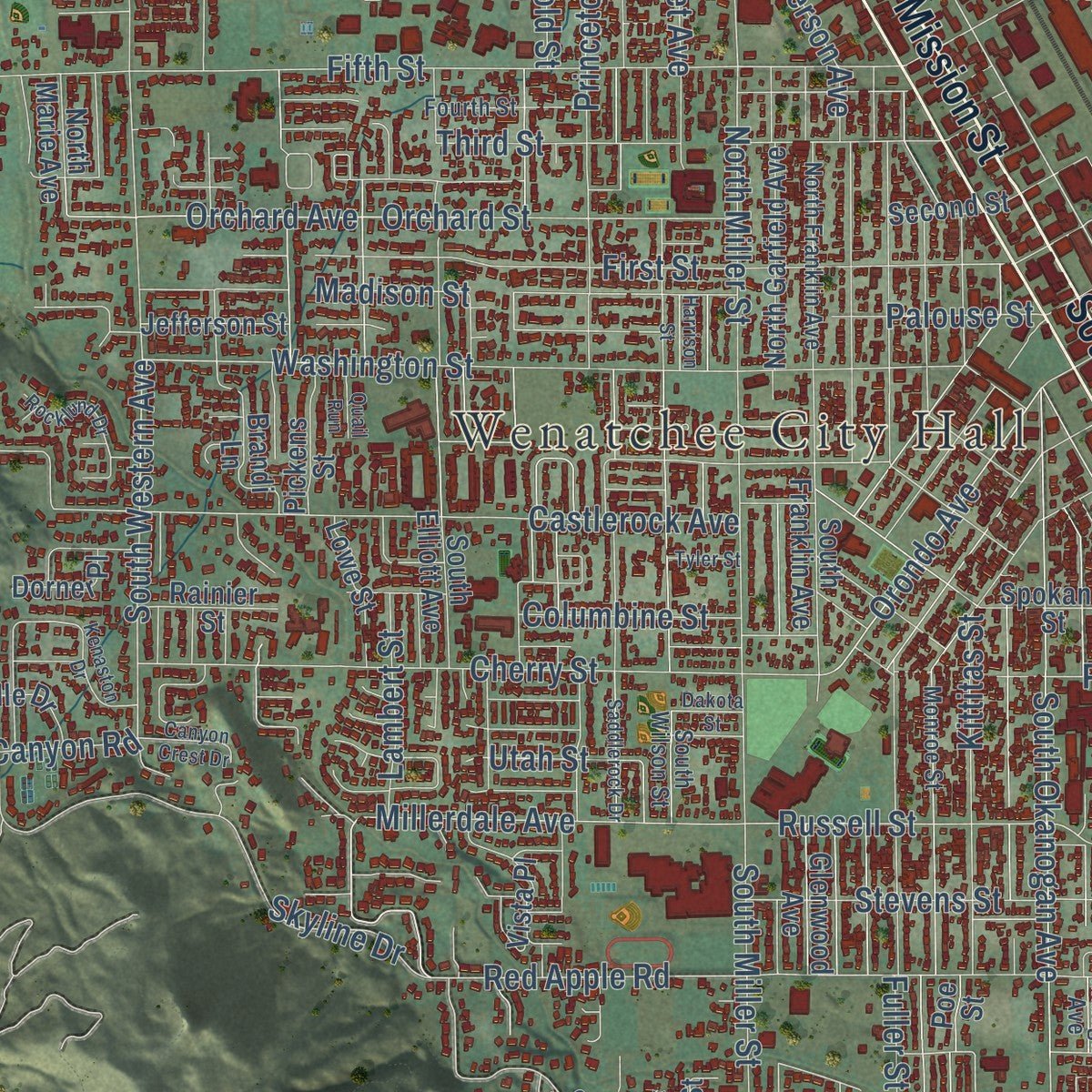 Close-up of the map of Wenatchee, Washington print showing street and building detail
