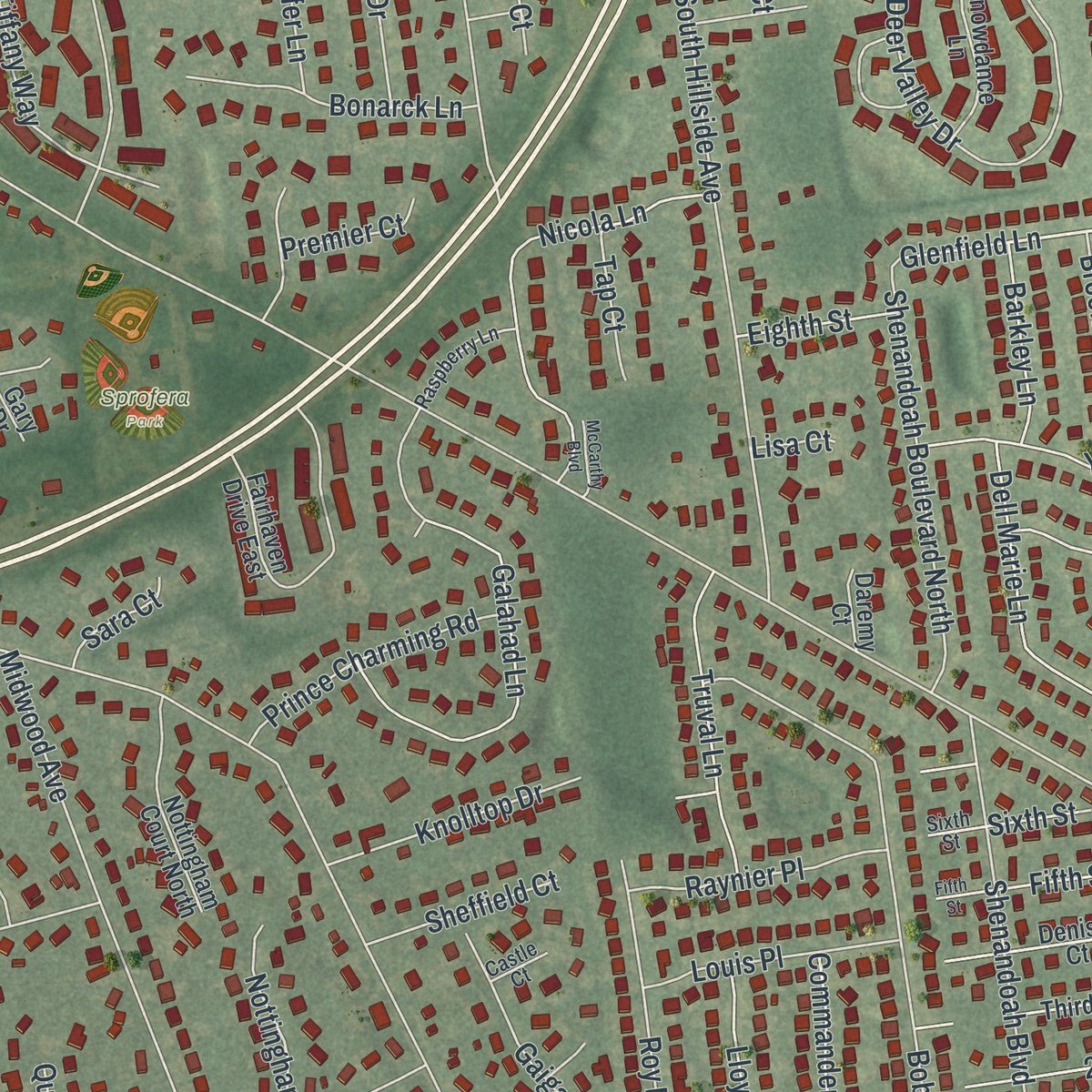 Close-up of the map of Nesconset, New York print showing street and building detail