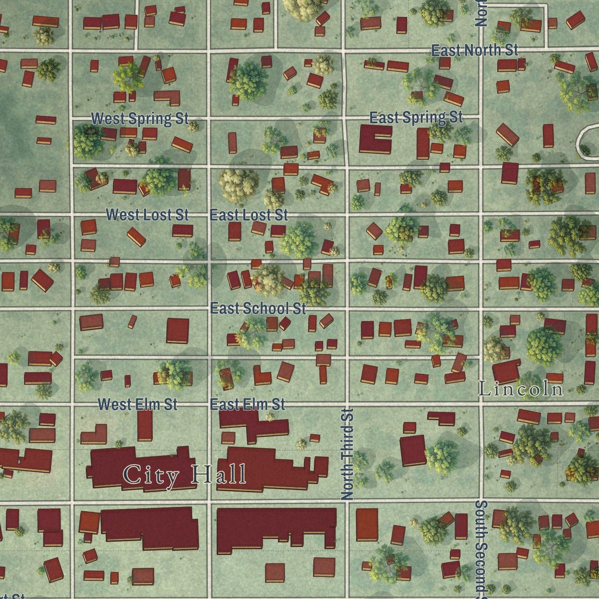 Close-up of the map of Lincoln Center, Kansas print showing street and building detail
