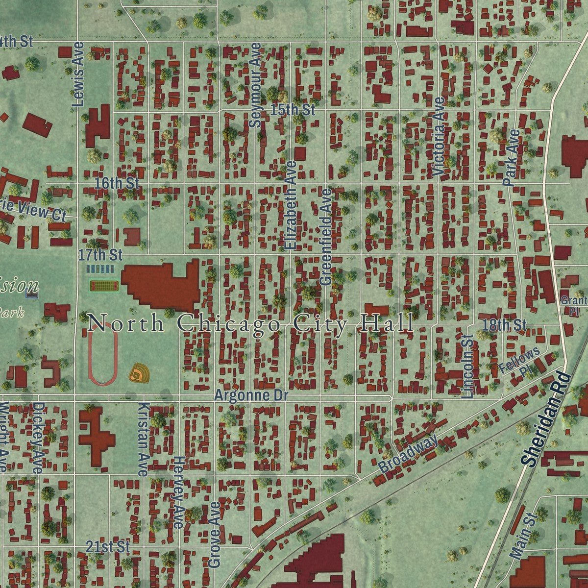 Close-up of the map of North Chicago, Illinois print showing street and building detail