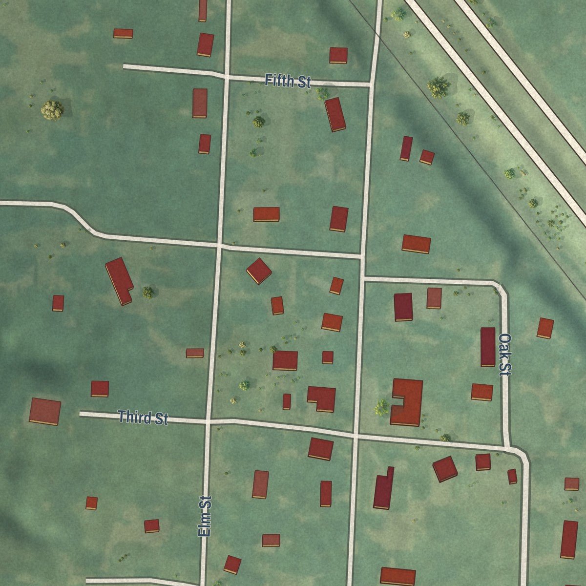 Close-up of the map of Ogden, Arkansas print showing street and building detail