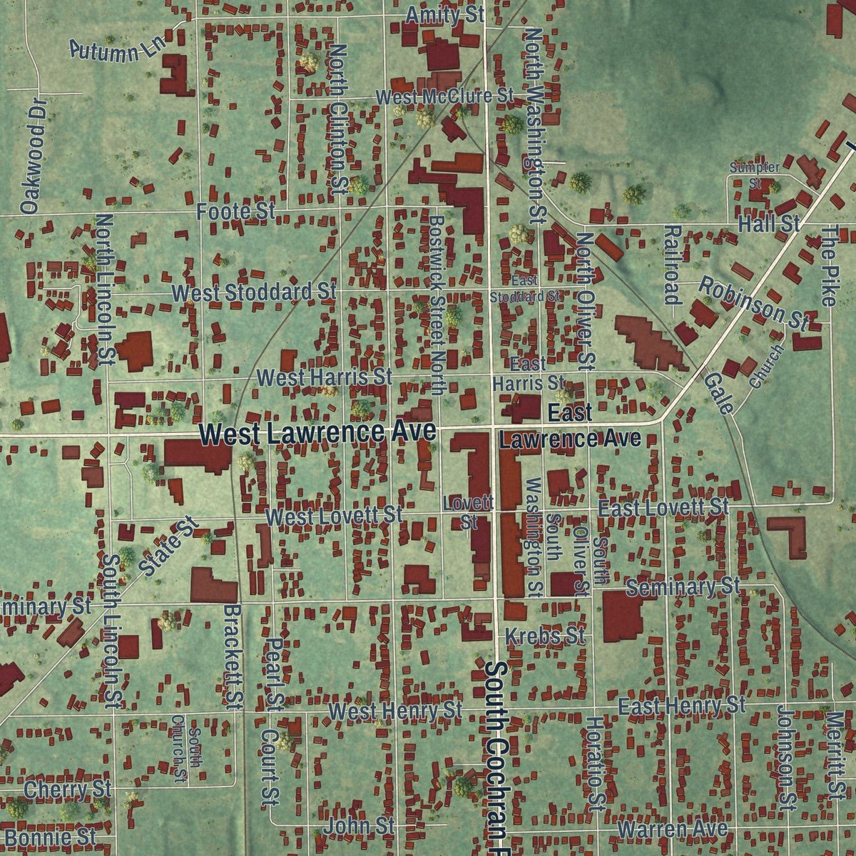 Close-up of the map of Charlotte, Michigan print showing street and building detail
