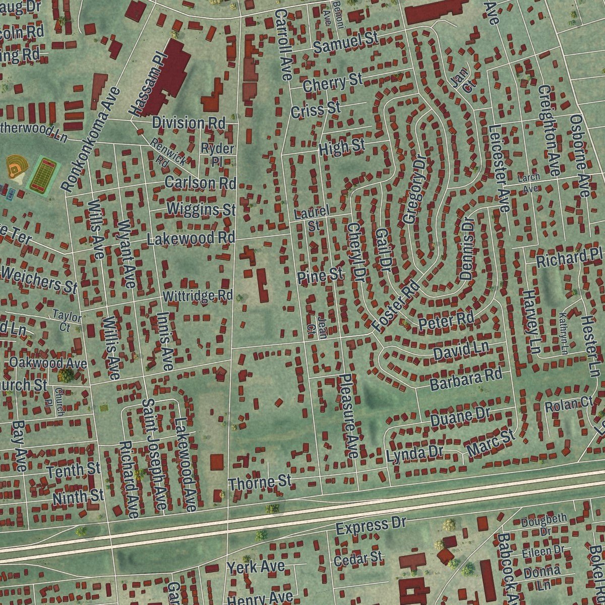 Close-up of the map of Lake Ronkonkoma, New York print showing street and building detail