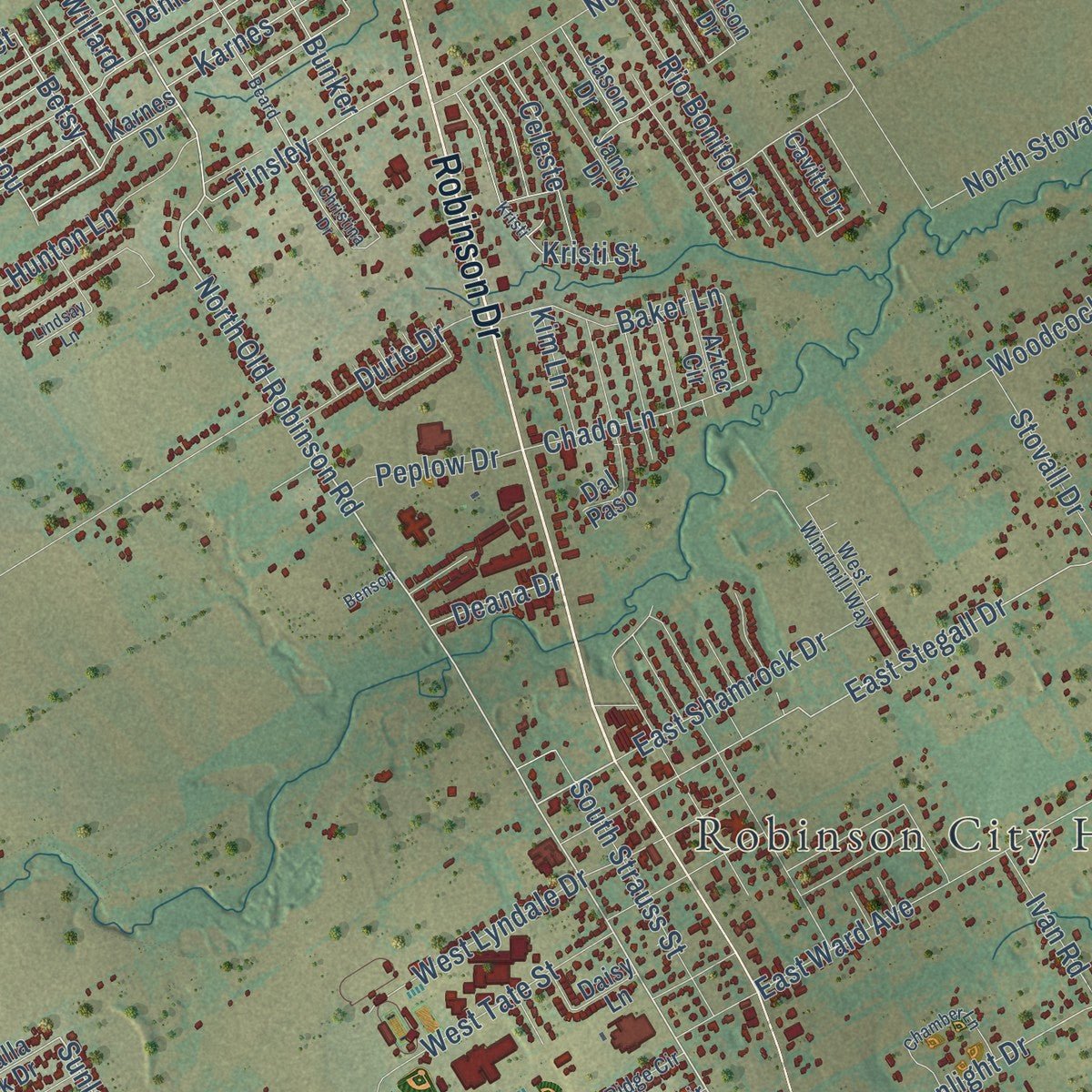 Close-up of the map of Robinson, Texas print showing street and building detail