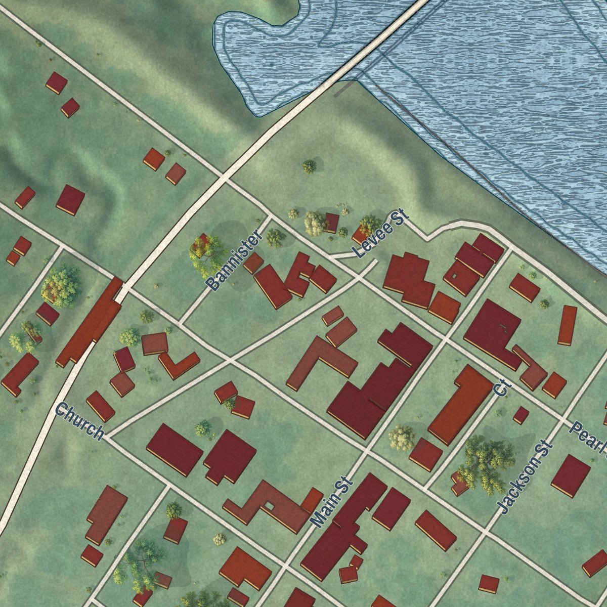 Close-up of the map of Columbia, Louisiana print showing street and building detail