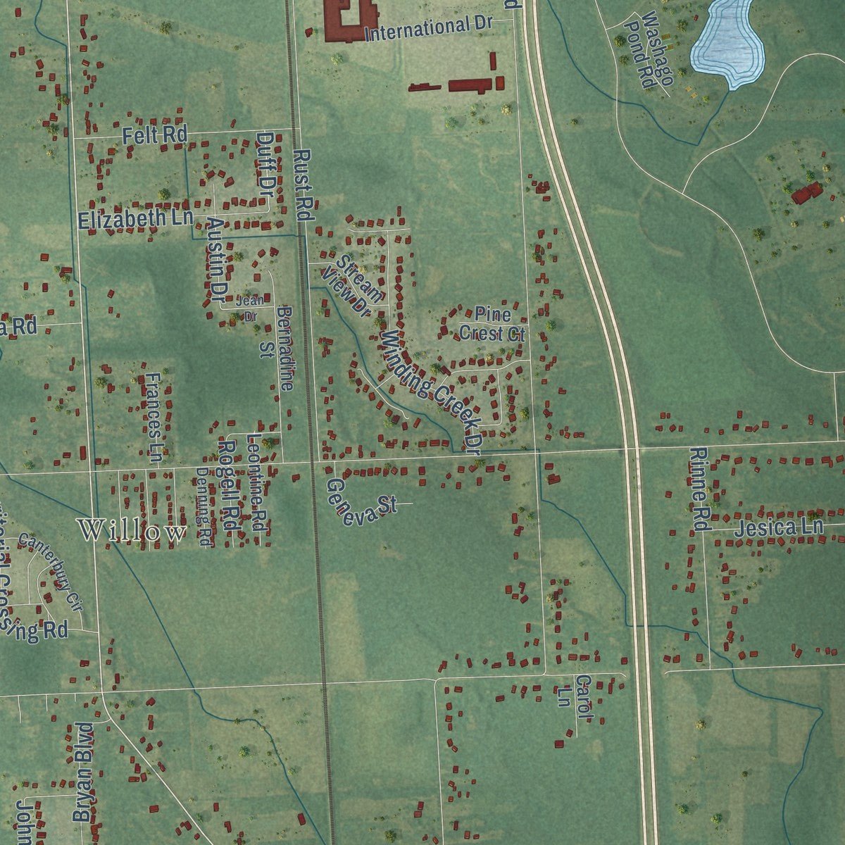 Close-up of the map of Huron, Wayne County, Michigan print showing street and building detail