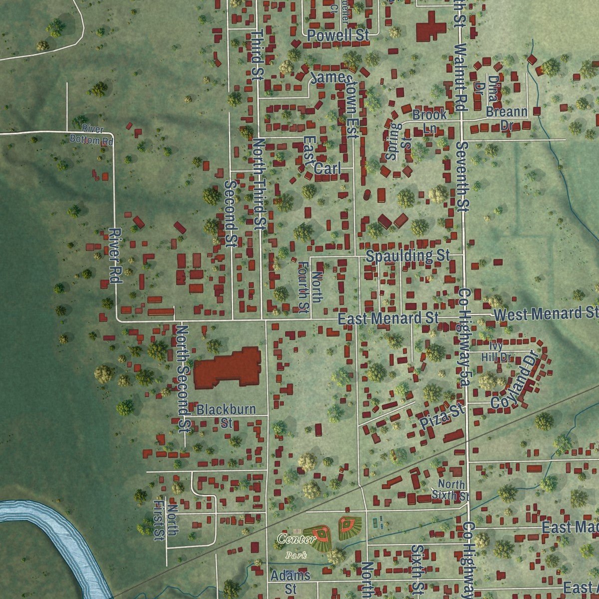 Close-up of the map of Riverton, Illinois print showing street and building detail