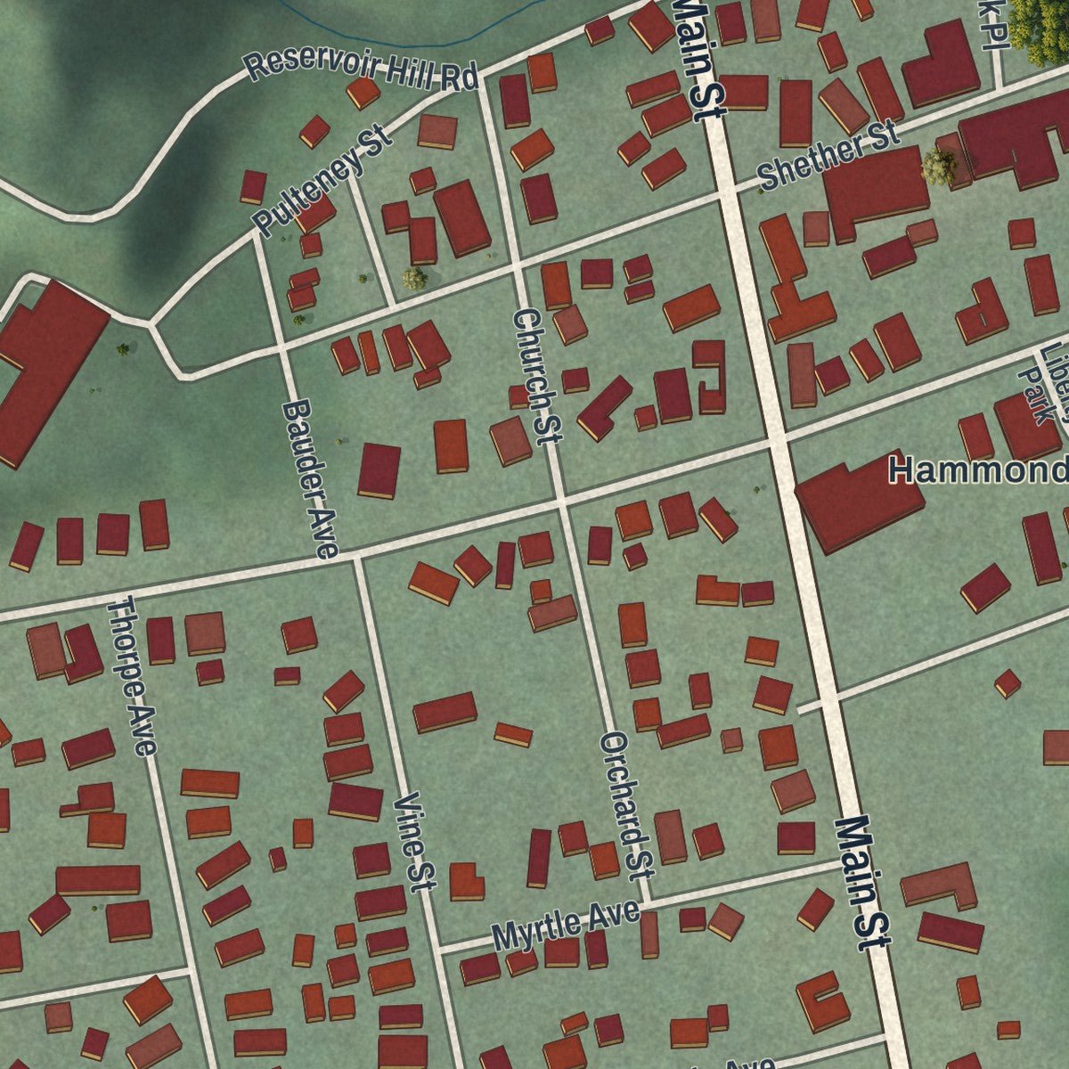 Close-up of the map of Hammondsport, New York print showing street and building detail