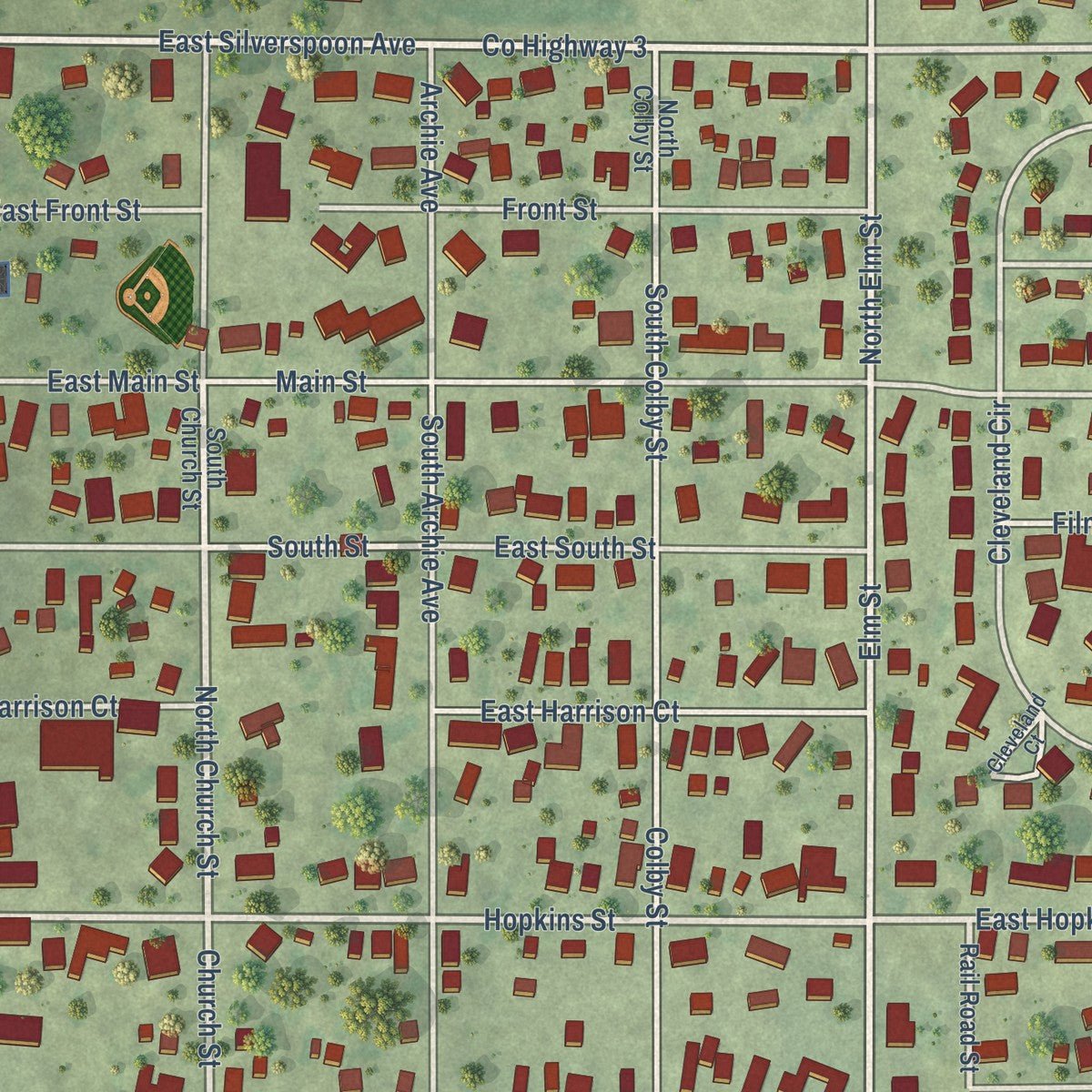 Close-up of the map of Granville, Illinois print showing street and building detail