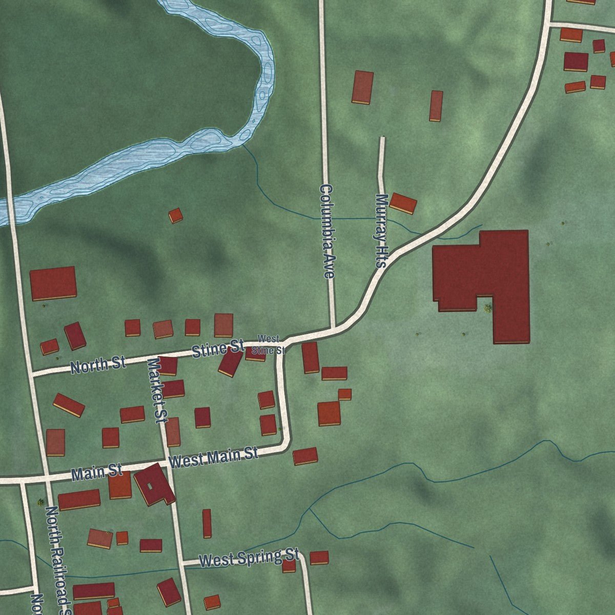 Close-up of the map of Stinesville, Indiana print showing street and building detail