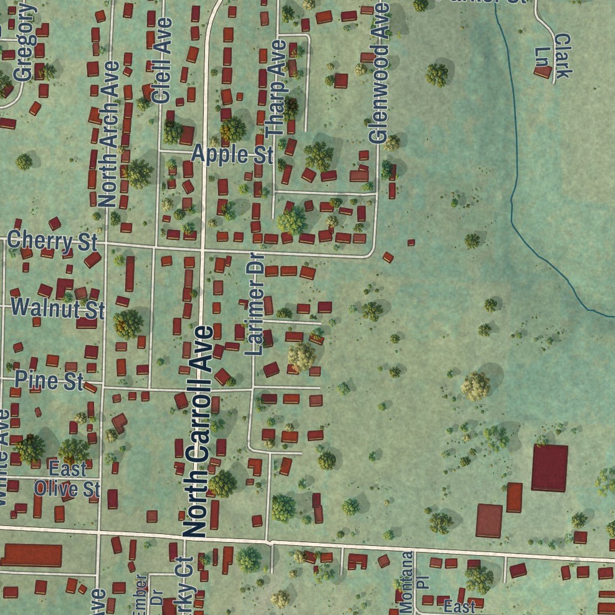 Close-up of the map of Green Forest, Arkansas print showing street and building detail