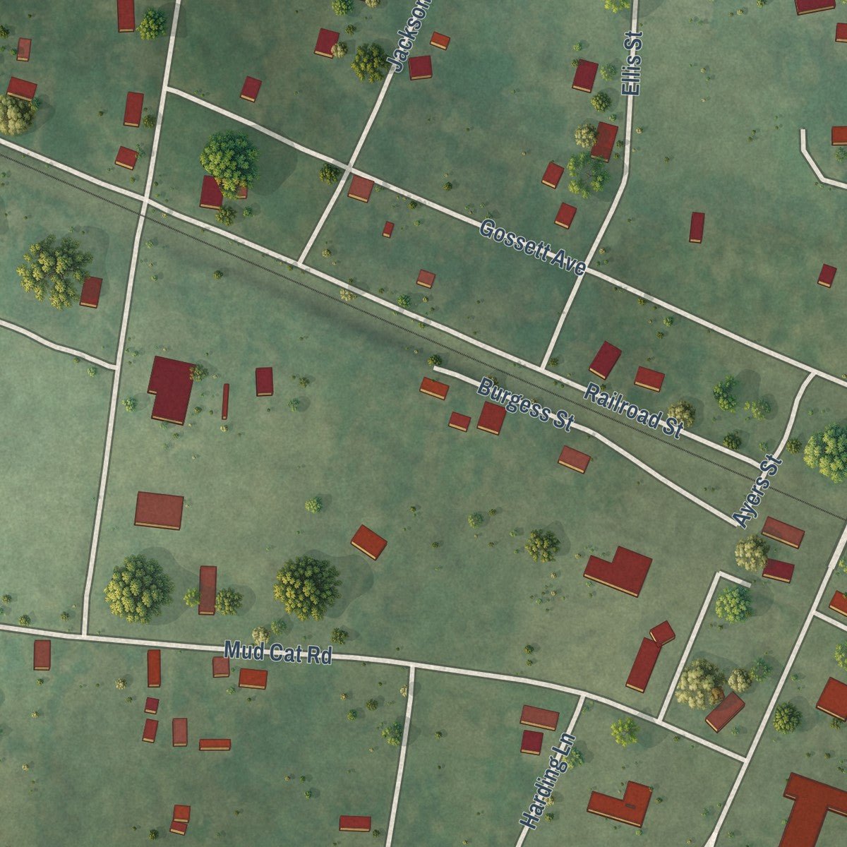 Close-up of the map of Cedar Hill, Tennessee print showing street and building detail