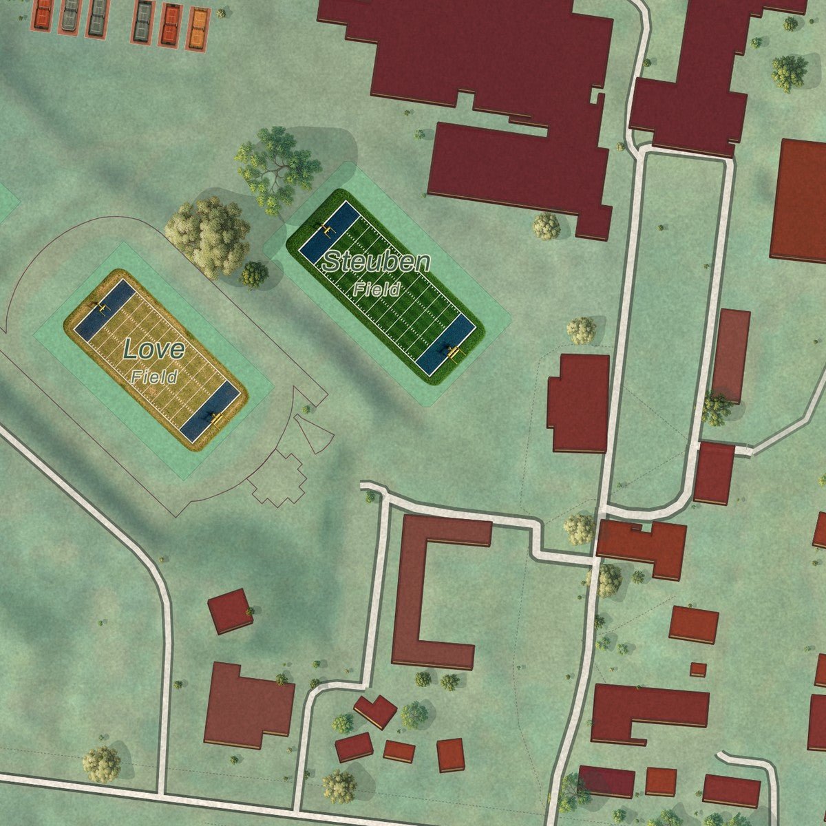 Close-up of the map of Hamilton College, New York print showing street and building detail