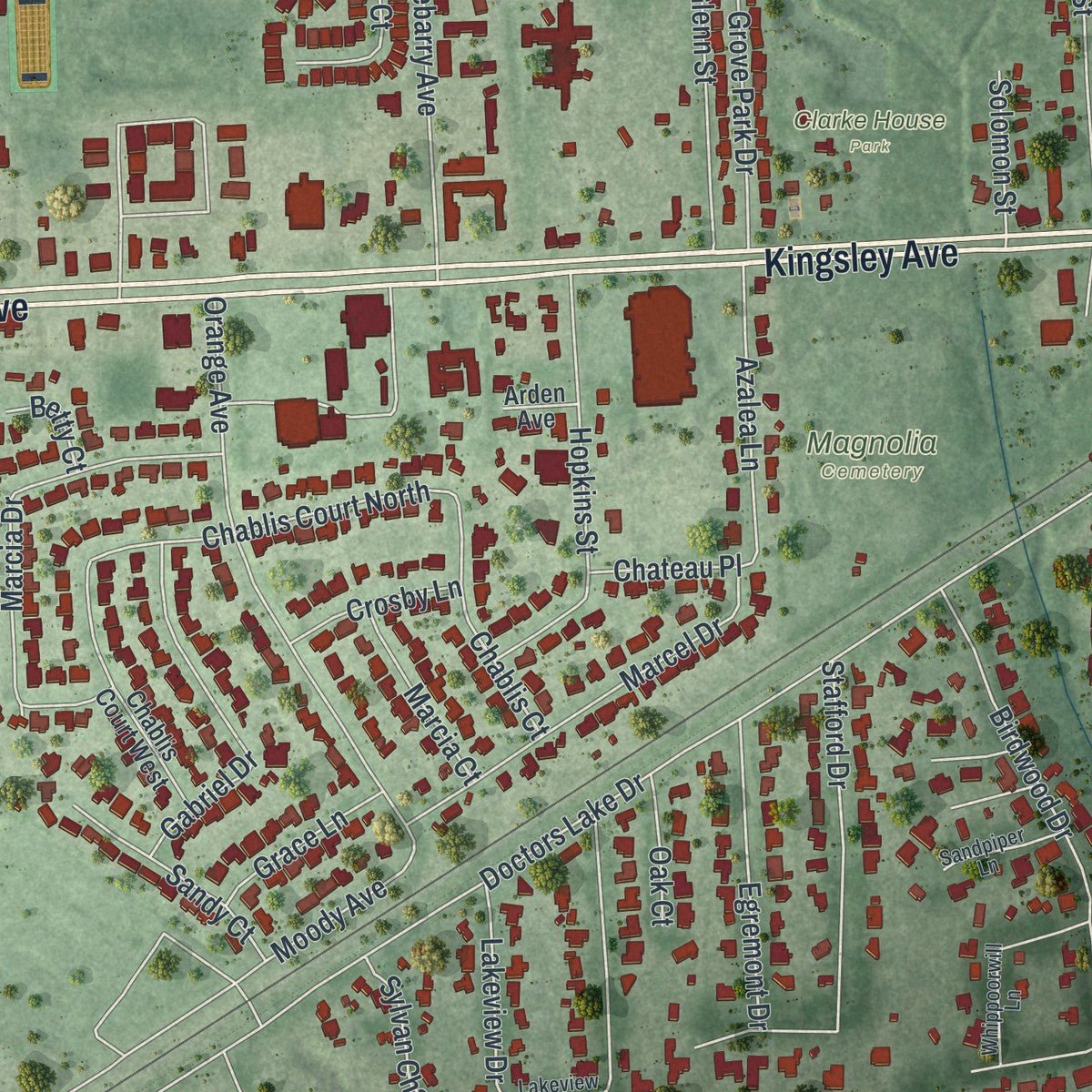 Close-up of the map of Orange Park, Florida print showing street and building detail