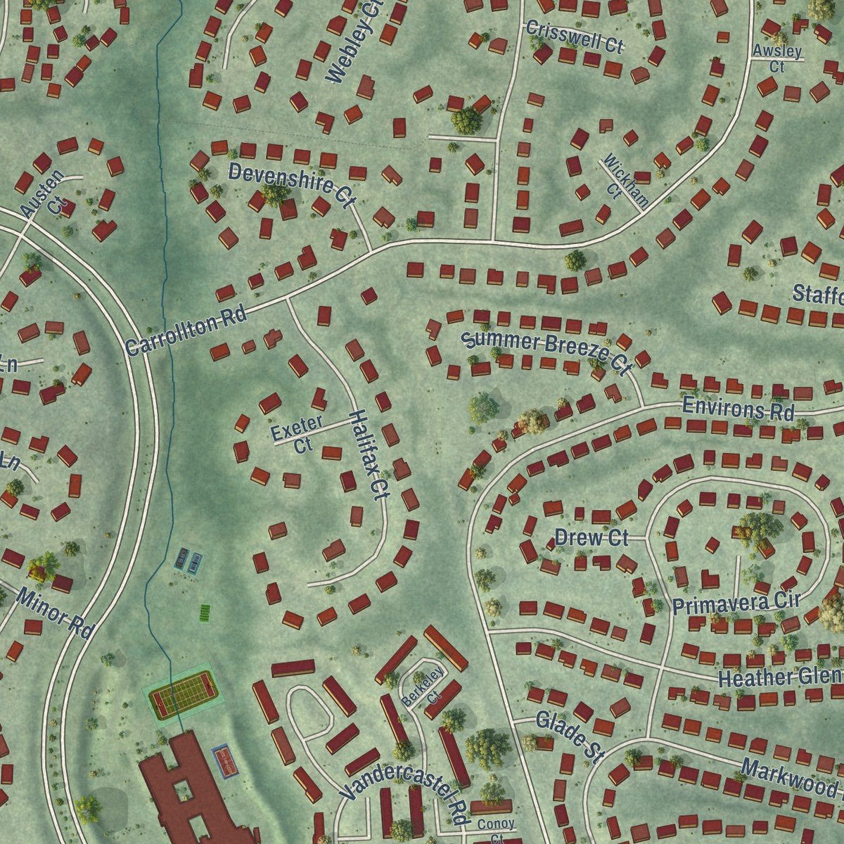 Close-up of the map of Countryside, Virginia print showing street and building detail