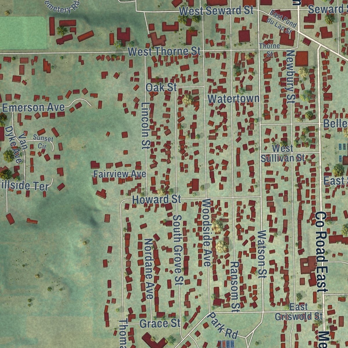 Close-up of the map of Ripon, Wisconsin print showing street and building detail