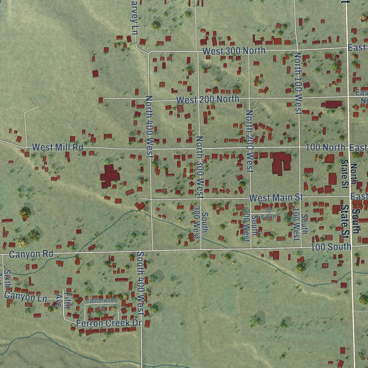 Close-up of the map of Ferron, Utah print showing street and building detail