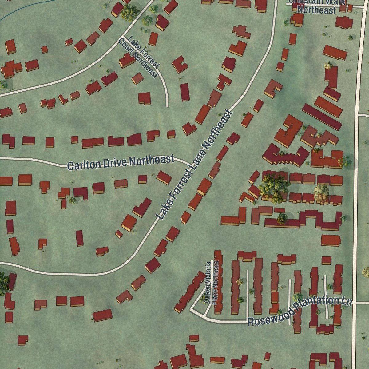 Close-up of the map of East Chastain Park, Georgia print showing street and building detail