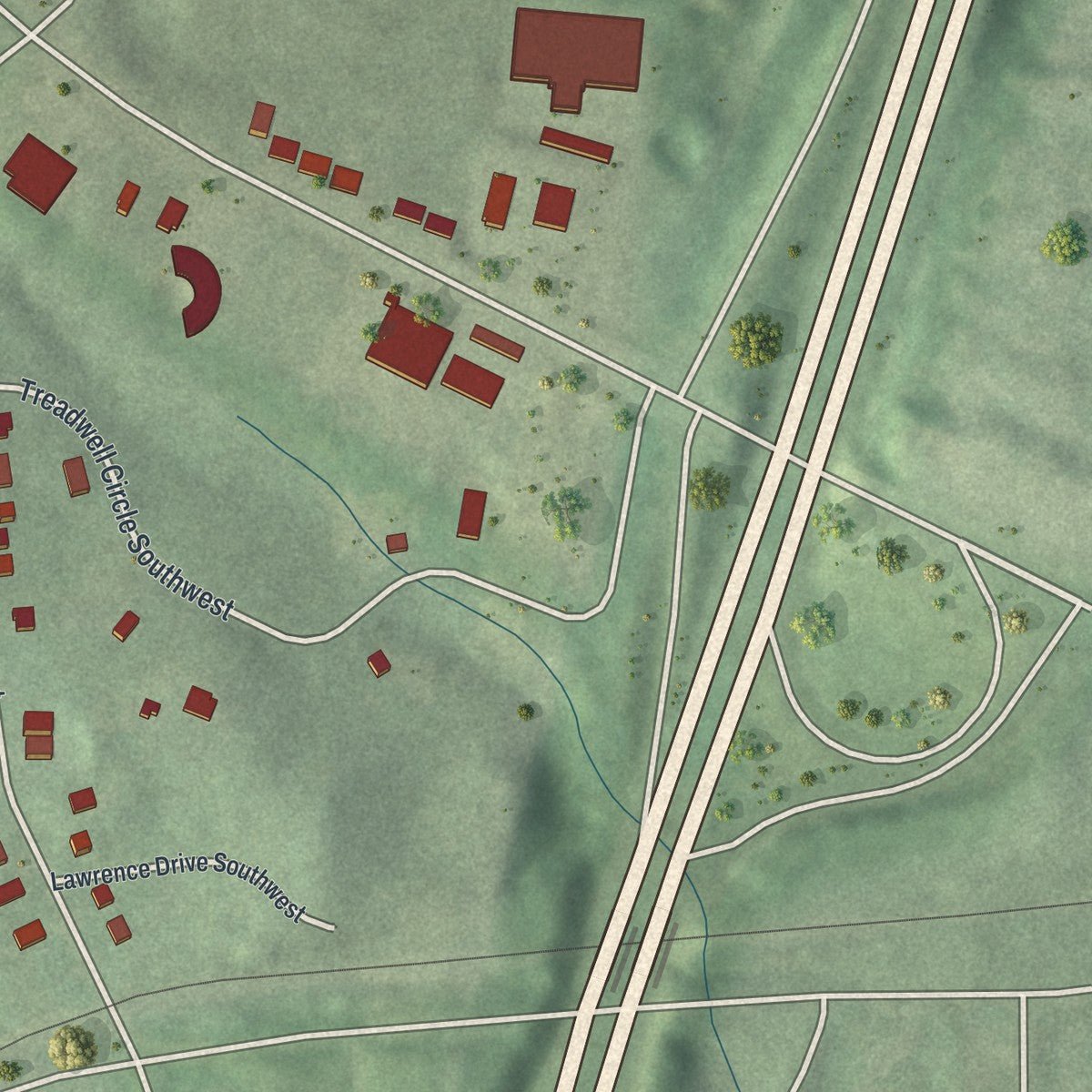 Close-up of the map of Adamsville, Georgia print showing street and building detail