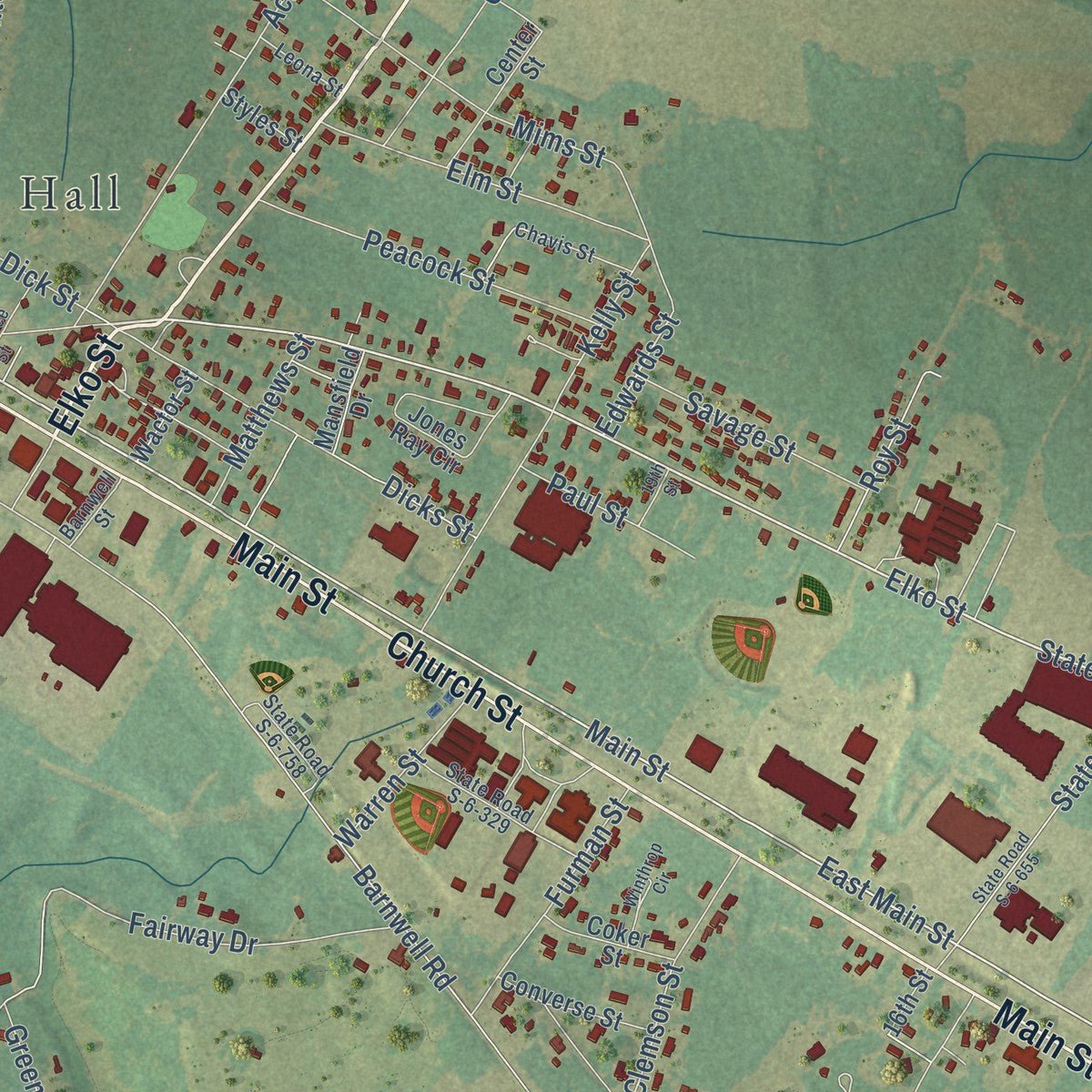 Close-up of the map of Williston, South Carolina print showing street and building detail