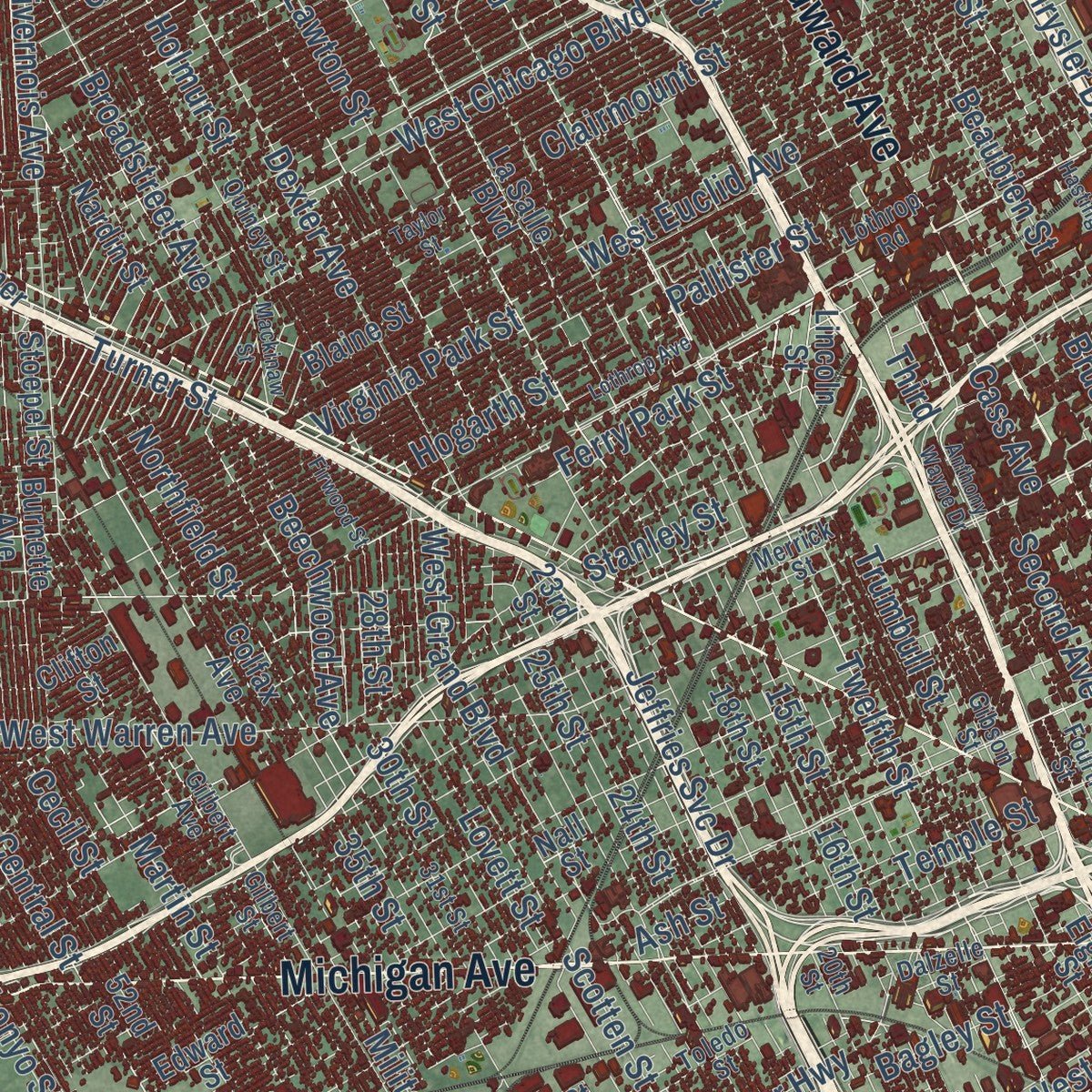 Close-up of the map of Detroit, Michigan print showing street and building detail