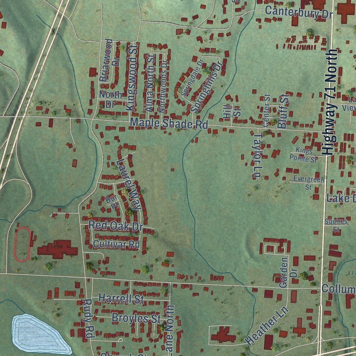 Close-up of the map of Alma, Arkansas print showing street and building detail